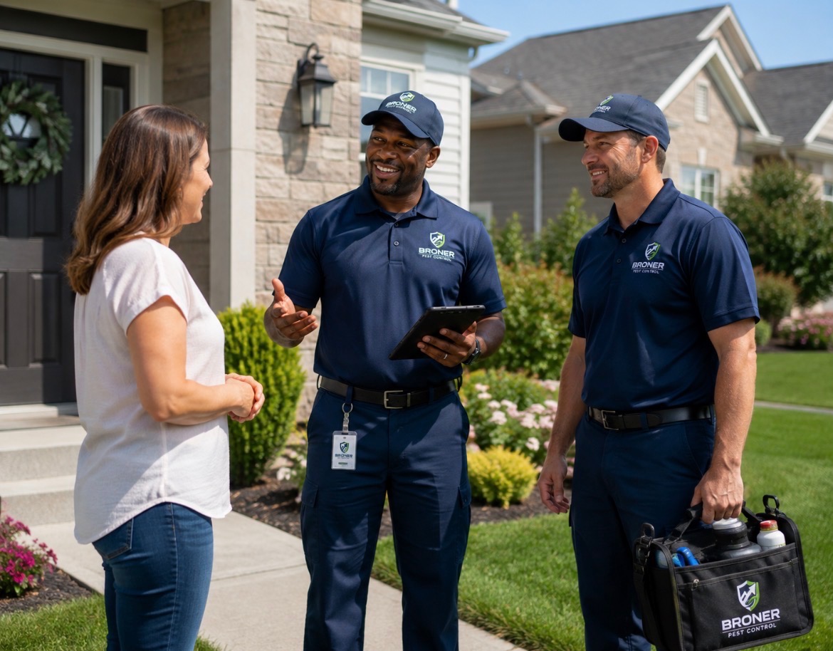 Broner Pest Control technicians reviewing a service plan with a homeowner